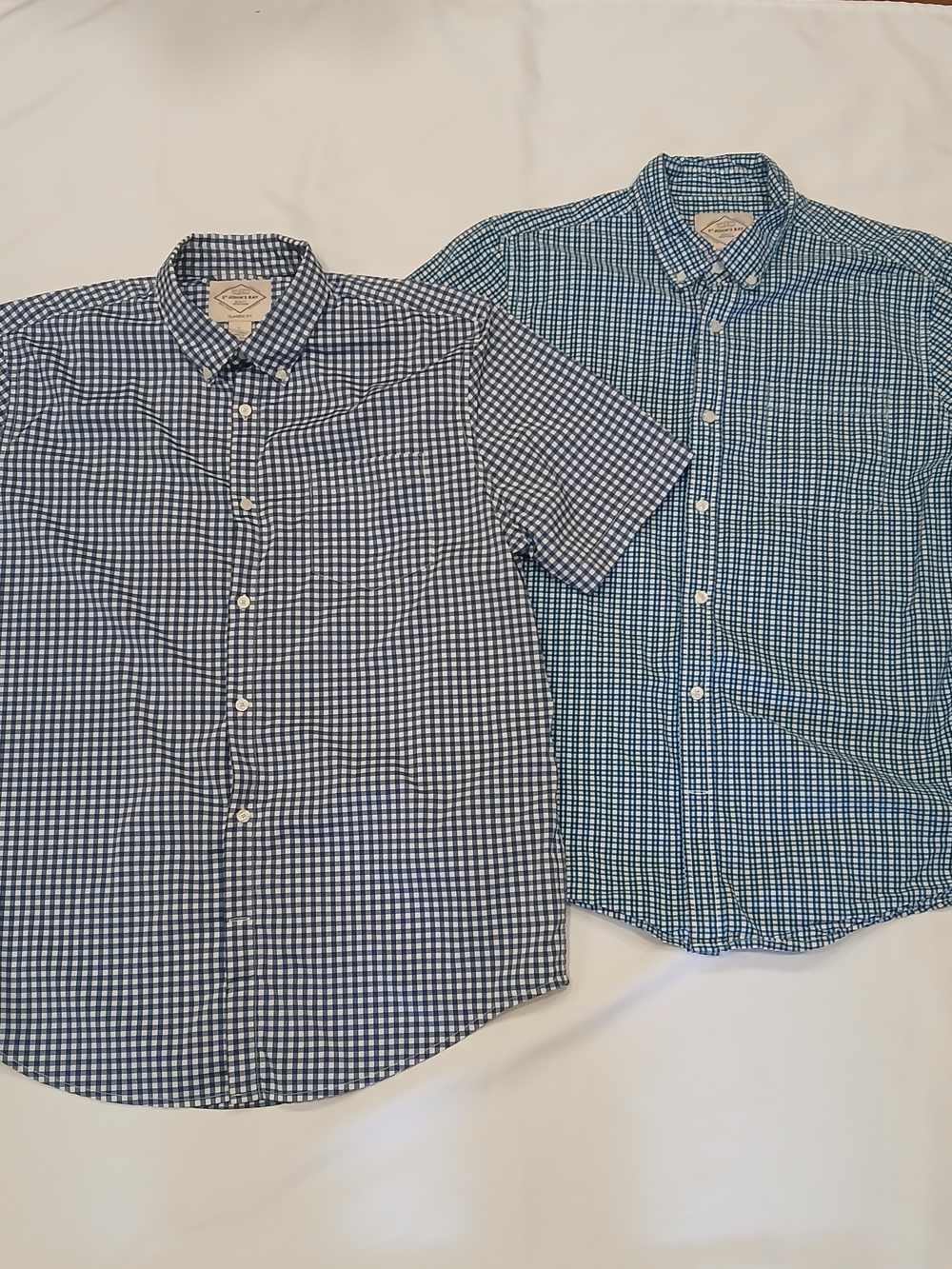 Lot Of 2 St. John's Bay Mens L Classic Short Sleeve Button-Up Blue Gingham Plaid